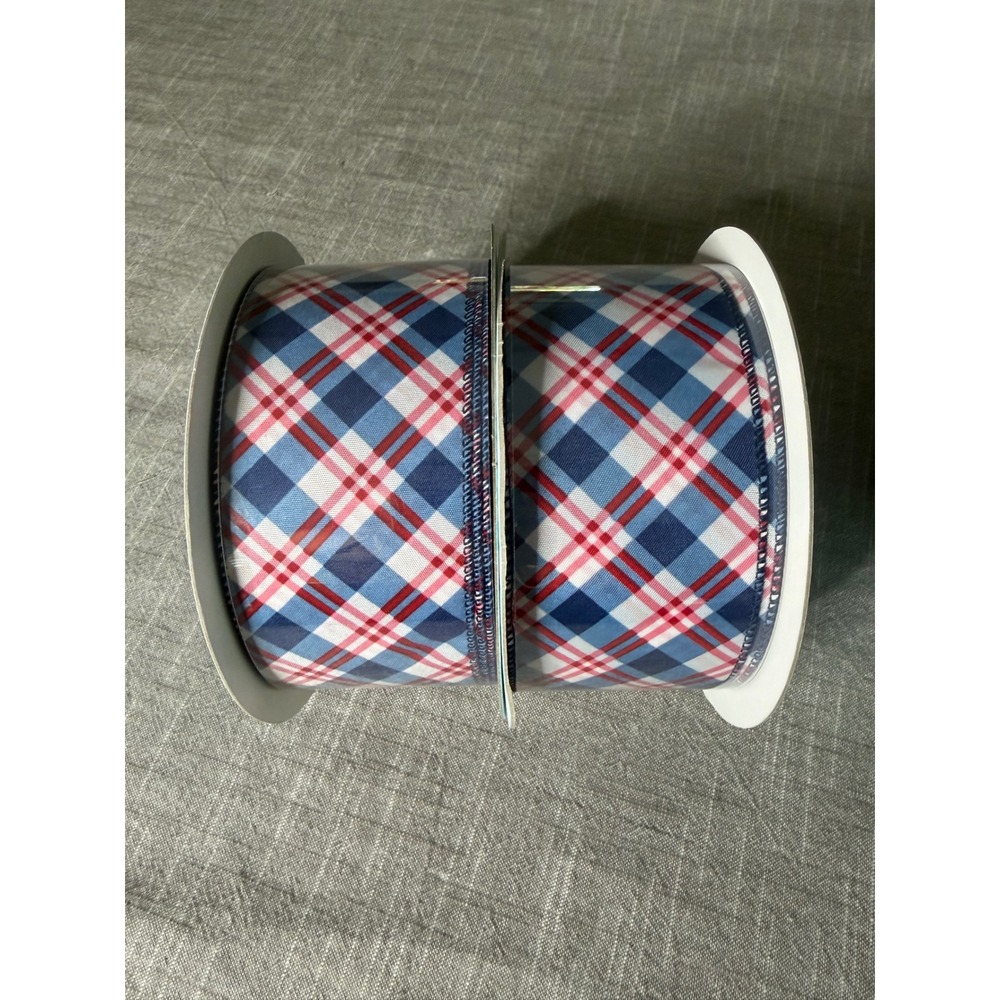 2 Rolls Kirkland Signature Plaid Wire Edged Ribbon Red White Blue 50yd 2.5in